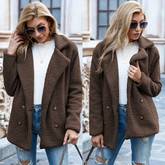 Sherpa Fusion Double-Breasted Coat - Chocolate - Picture 2 of 4